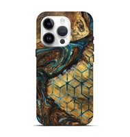 iPhone 15 Pro Wood Live Edge Phone Case - Devonte (Teal & Gold, 725278)