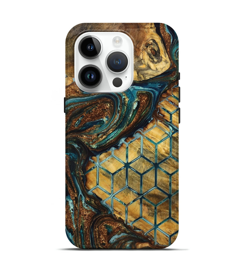 iPhone 15 Pro Wood Live Edge Phone Case - Devonte (Teal & Gold, 725278)