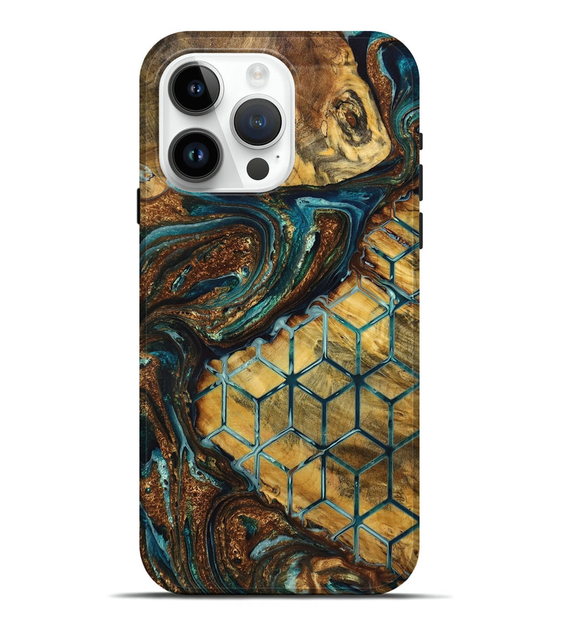 iPhone 15 Pro Max Wood Live Edge Phone Case - Devonte (Teal & Gold, 725278)