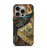 iPhone 16 Pro Wood Live Edge Phone Case - Devonte (Teal & Gold, 725278)