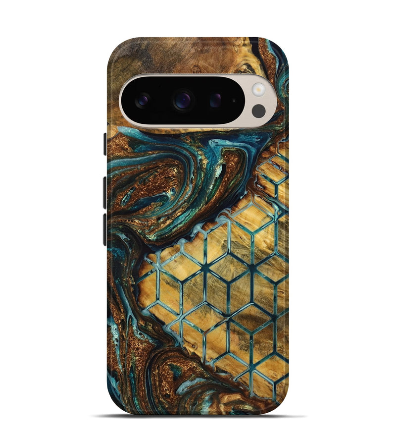 Pixel 9 Pro Wood Live Edge Phone Case - Devonte (Teal & Gold, 725278)