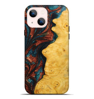 iPhone 14 Plus Wood Live Edge Phone Case - Lora (Teal & Gold, 725283)