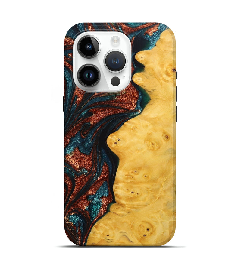 iPhone 15 Pro Wood Live Edge Phone Case - Lora (Teal & Gold, 725283)