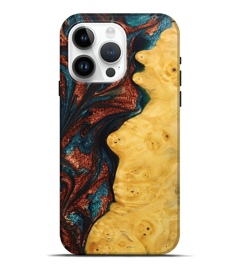 iPhone 15 Pro Max Wood Live Edge Phone Case - Lora (Teal & Gold, 725283)