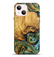 iPhone 14 Plus Wood Live Edge Phone Case - Perry (Teal & Gold, 725562)