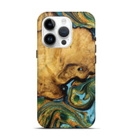 iPhone 15 Pro Wood Live Edge Phone Case - Perry (Teal & Gold, 725562)