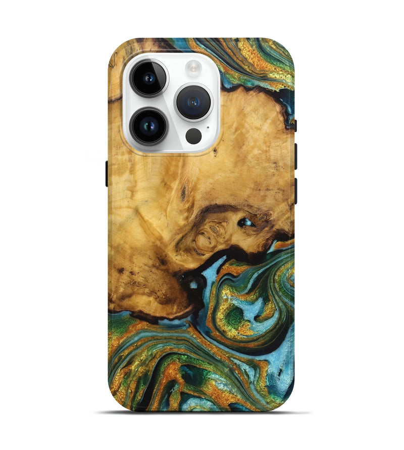 iPhone 15 Pro Wood Live Edge Phone Case - Perry (Teal & Gold, 725562)