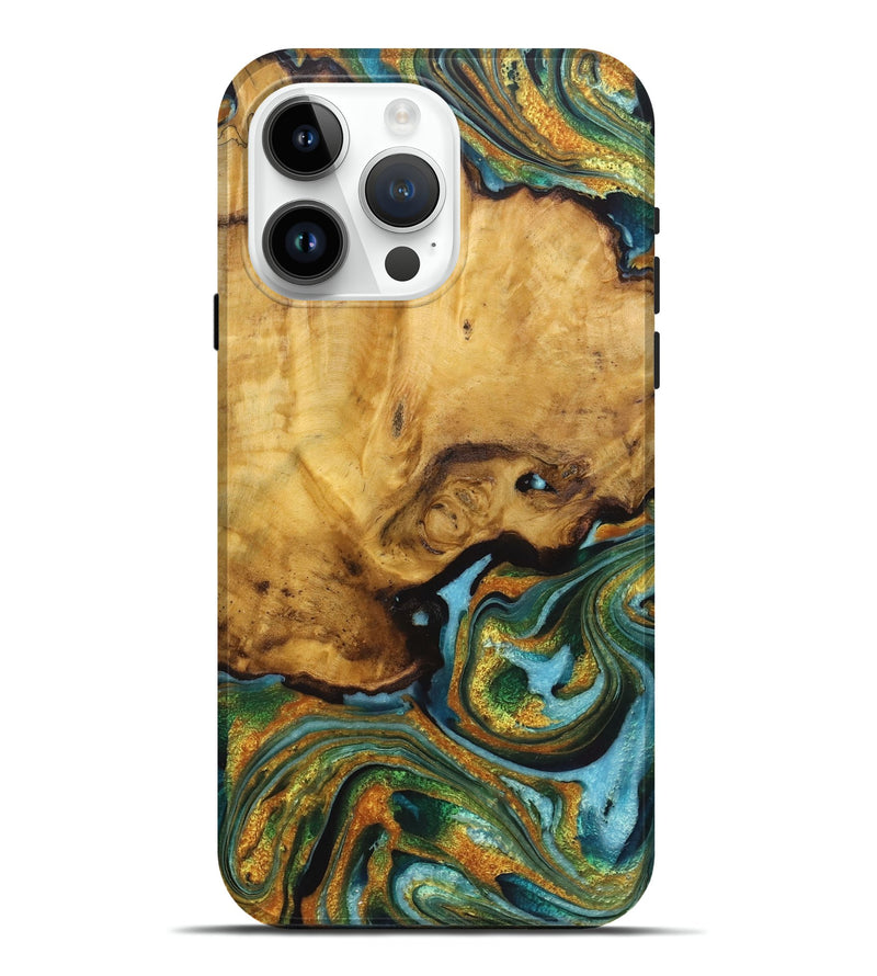 iPhone 15 Pro Max Wood Live Edge Phone Case - Perry (Teal & Gold, 725562)