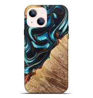 iPhone 14 Plus Wood Live Edge Phone Case - Piper (Teal & Gold, 725571)