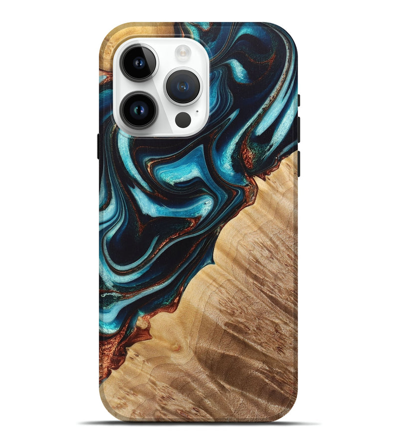 iPhone 15 Pro Max Wood Live Edge Phone Case - Piper (Teal & Gold, 725571)