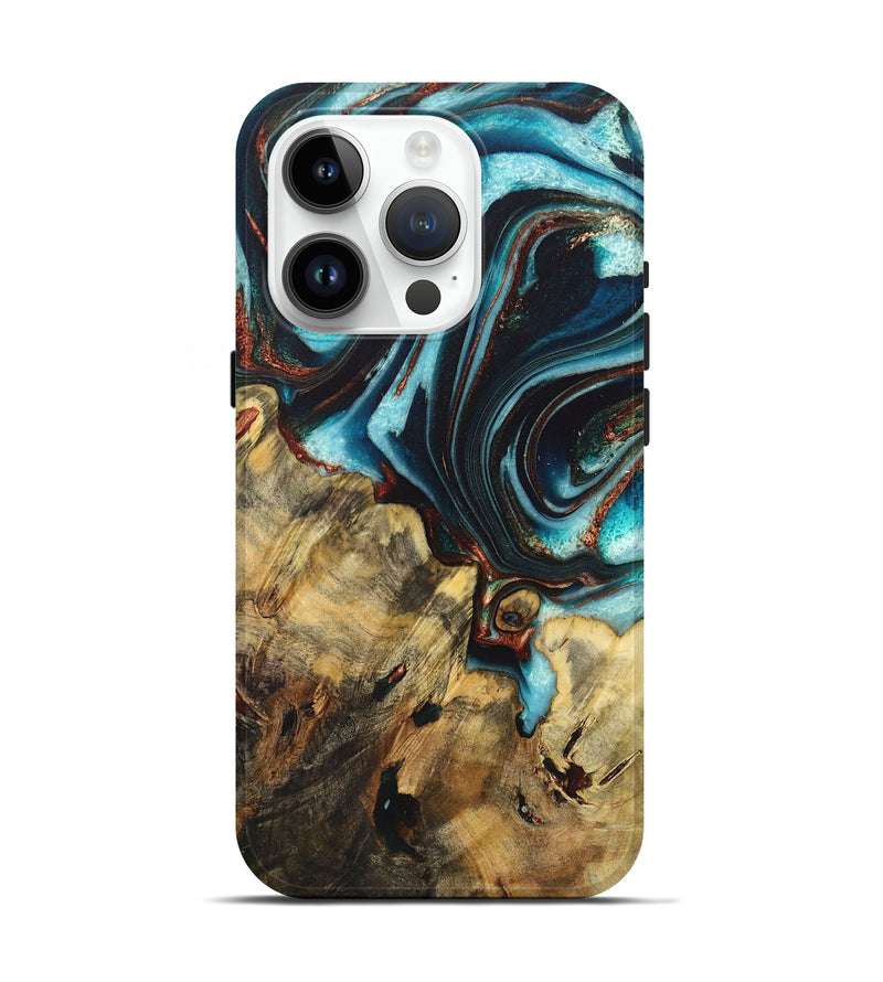 iPhone 15 Pro Wood Live Edge Phone Case - Ezequiel (Teal & Gold, 725572)