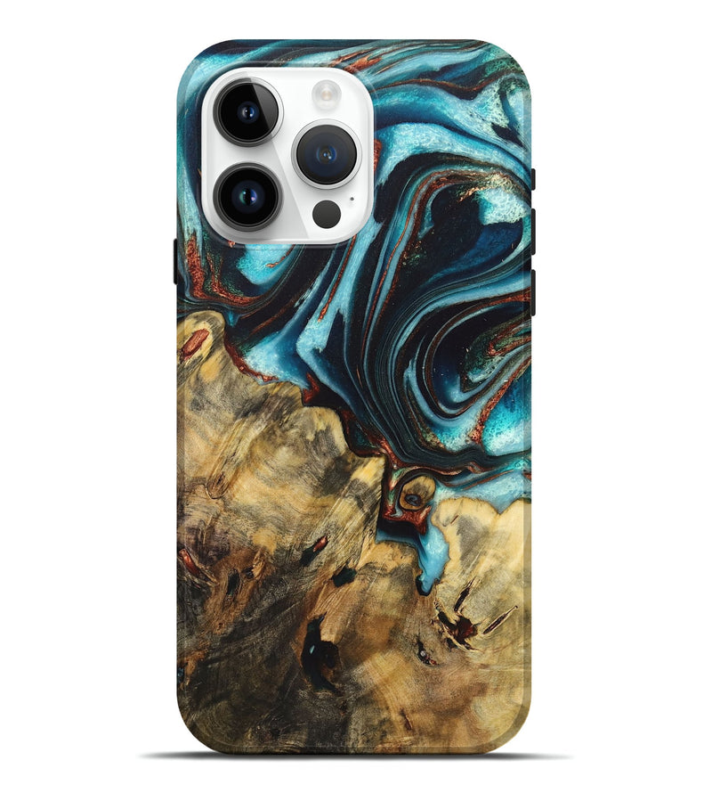 iPhone 15 Pro Max Wood Live Edge Phone Case - Ezequiel (Teal & Gold, 725572)