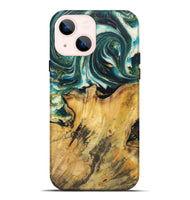 iPhone 14 Plus Wood Live Edge Phone Case - Gene (Teal & Gold, 725573)