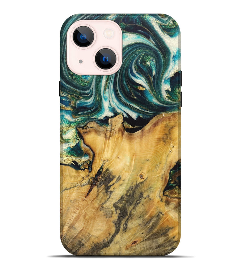 iPhone 14 Plus Wood Live Edge Phone Case - Gene (Teal & Gold, 725573)