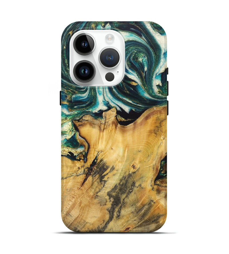 iPhone 15 Pro Wood Live Edge Phone Case - Gene (Teal & Gold, 725573)