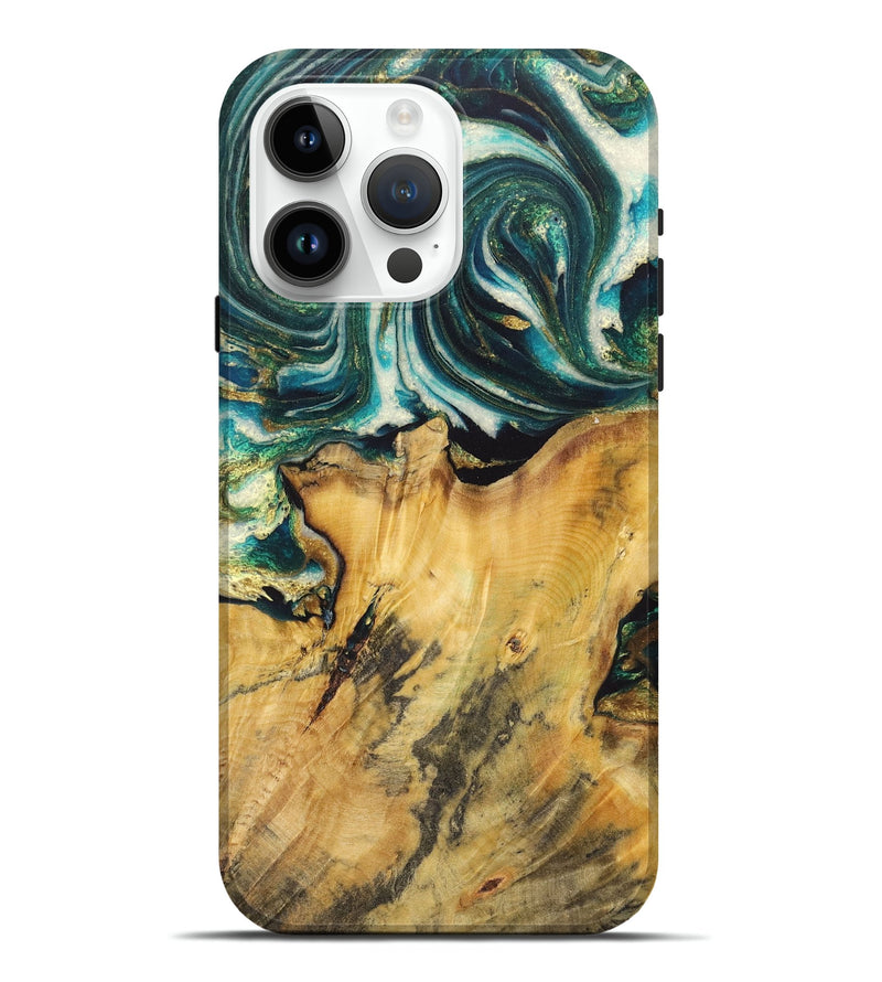 iPhone 15 Pro Max Wood Live Edge Phone Case - Gene (Teal & Gold, 725573)