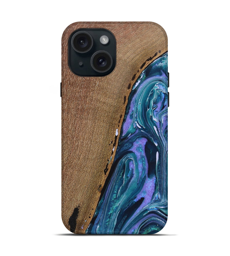 iPhone 15 Wood Live Edge Phone Case - Gavin (Blue, 725578)