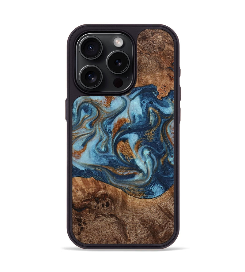 iPhone 15 Pro Wood Phone Case - Barrett (Teal & Gold, 725747)