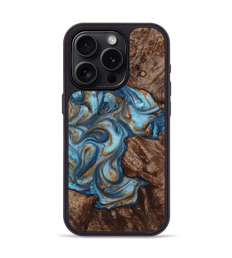 iPhone 15 Pro Wood Phone Case - Amora (Teal & Gold, 725752)