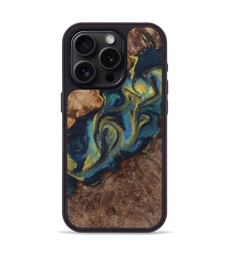 iPhone 15 Pro Wood Phone Case - Ronan (Teal & Gold, 725757)