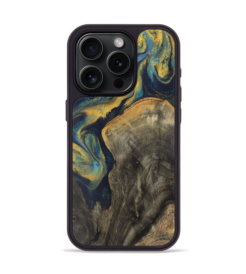 iPhone 15 Pro Wood Phone Case - Claudia (Teal & Gold, 725758)