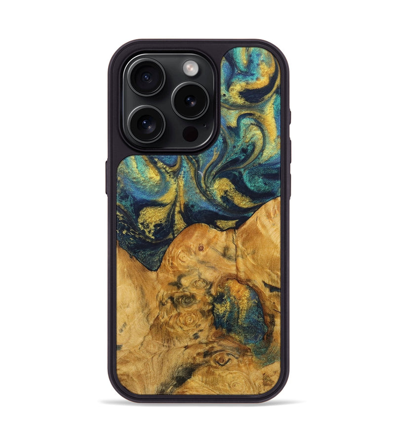 iPhone 15 Pro Wood Phone Case - Eduardo (Teal & Gold, 725759)