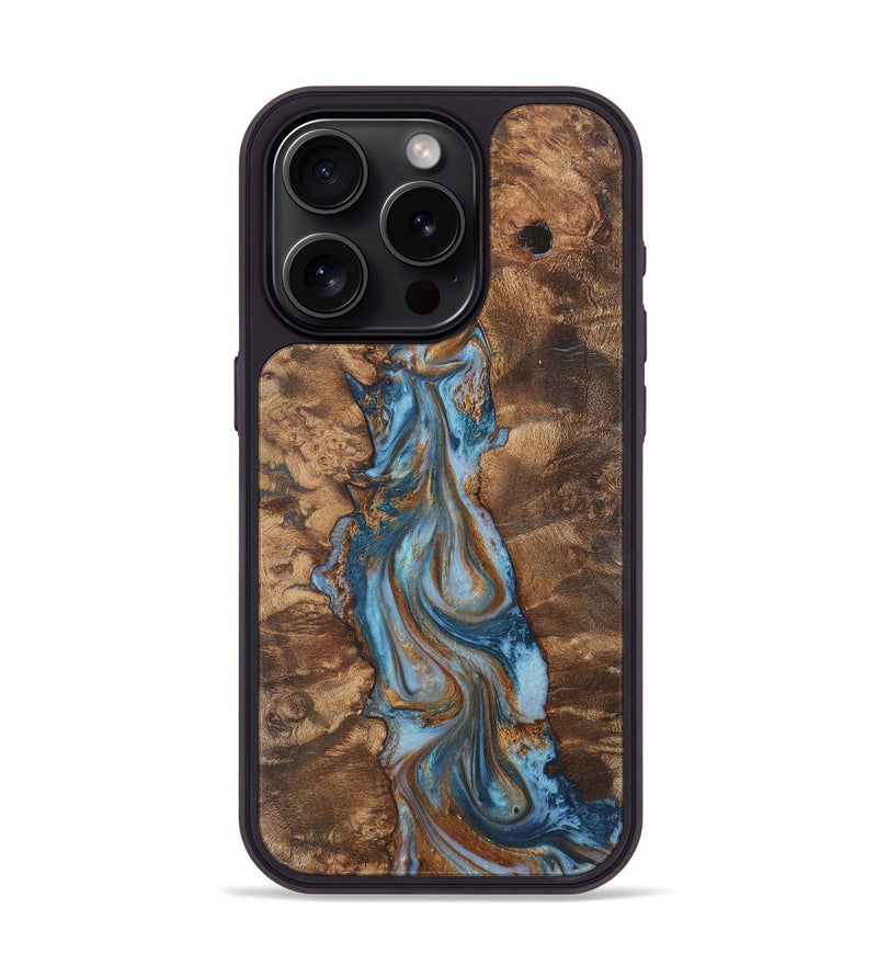 iPhone 15 Pro Wood Phone Case - Dewey (Teal & Gold, 725762)