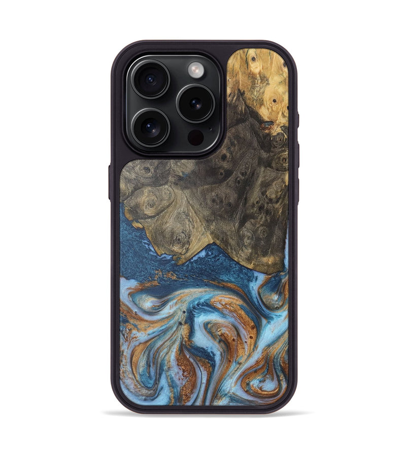 iPhone 15 Pro Wood Phone Case - Irene (Teal & Gold, 725763)