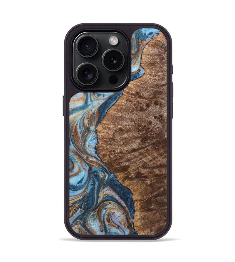 iPhone 15 Pro Wood Phone Case - Audrey (Teal & Gold, 725764)