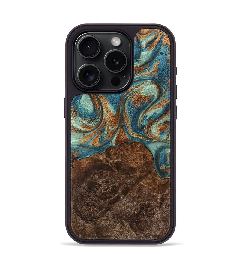 iPhone 15 Pro Wood Phone Case - Cade (Teal & Gold, 725766)