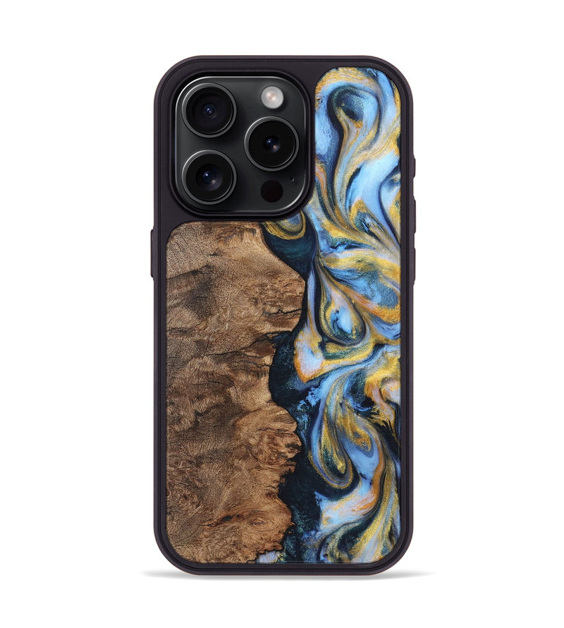 iPhone 15 Pro Wood Phone Case - Blair (Teal & Gold, 725767)