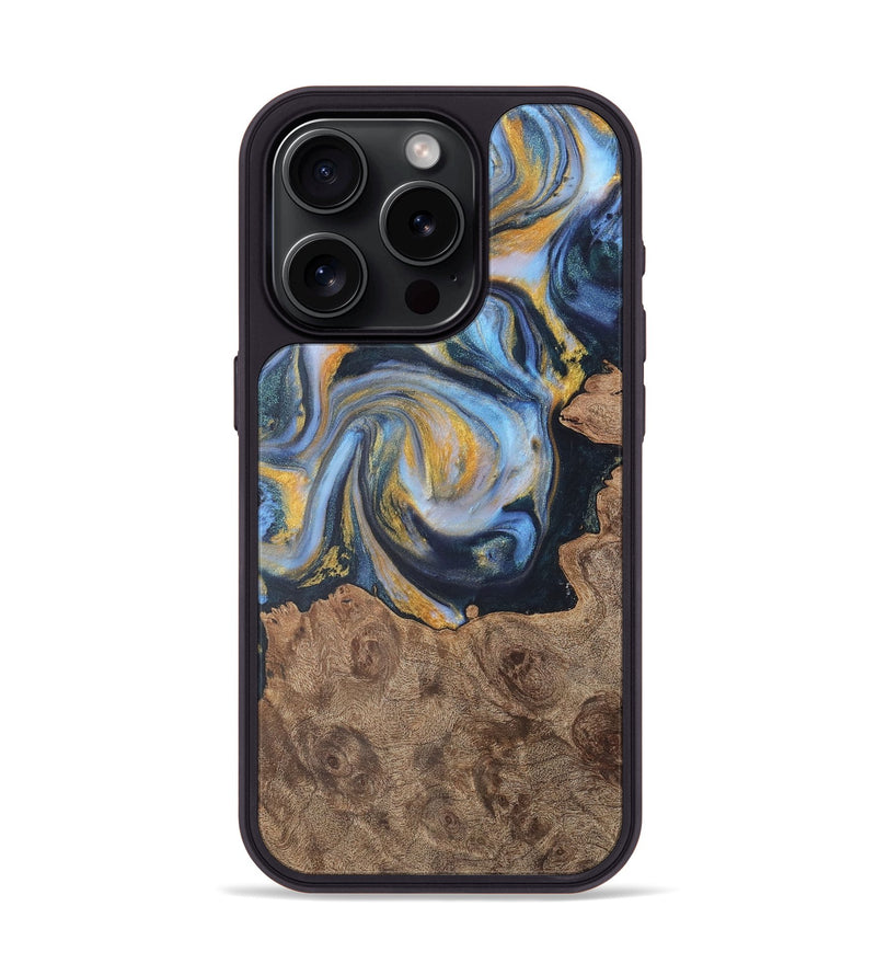 iPhone 15 Pro Wood Phone Case - Wren (Teal & Gold, 725769)