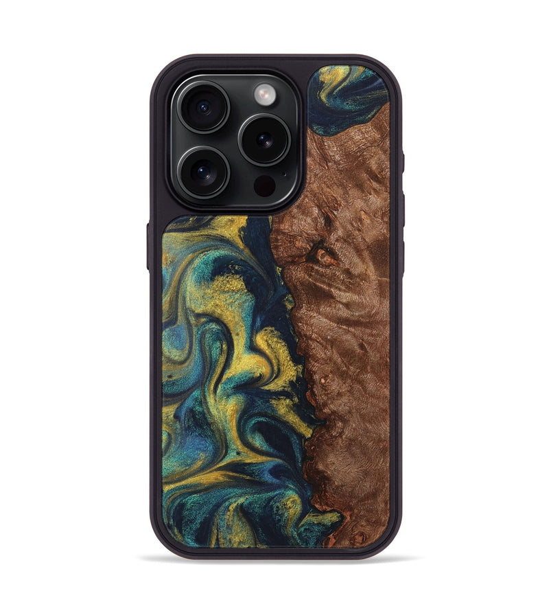 iPhone 15 Pro Wood Phone Case - Noah (Teal & Gold, 725774)