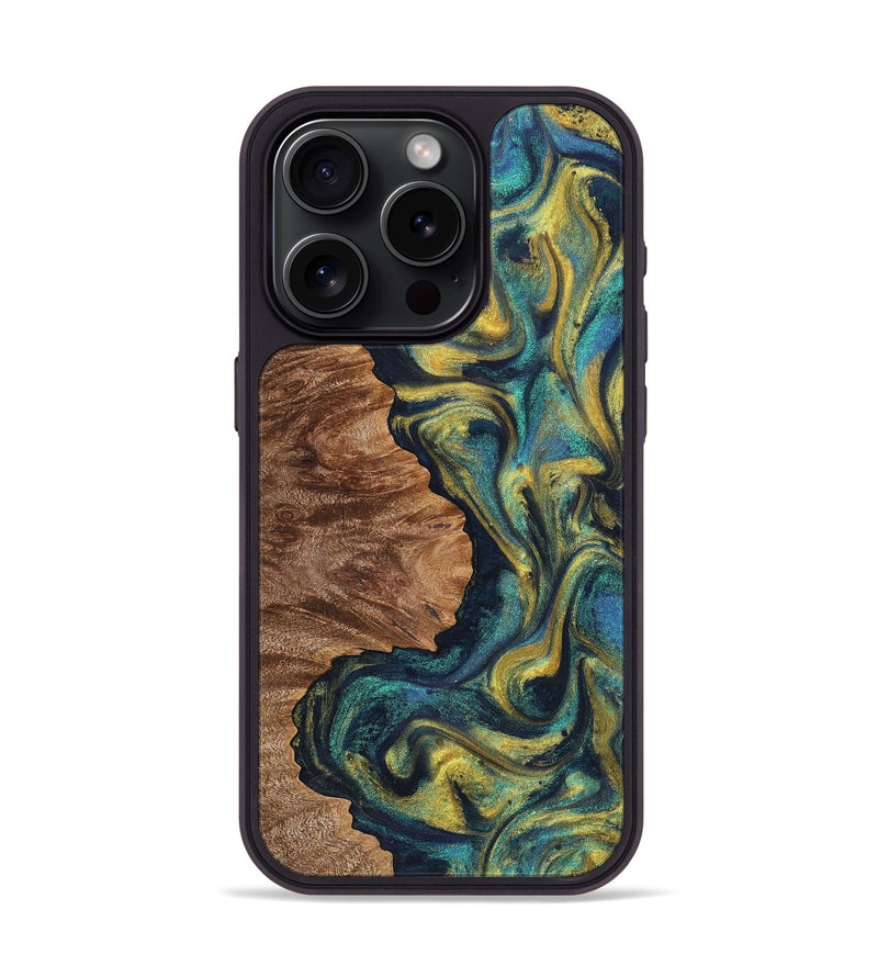 iPhone 15 Pro Wood Phone Case - Oscar (Teal & Gold, 725777)