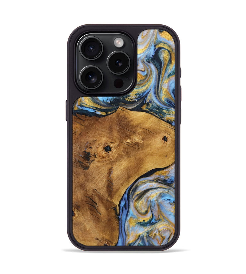 iPhone 15 Pro Wood Phone Case - Cecelia (Teal & Gold, 725778)