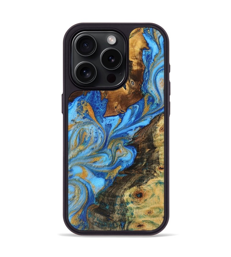 iPhone 15 Pro Wood Phone Case - Kaleb (Teal & Gold, 725779)