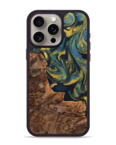 iPhone 15 Pro Max Wood Phone Case - Raegan (Teal & Gold, 725783)