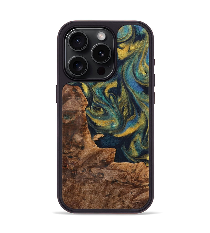 iPhone 15 Pro Wood Phone Case - Raegan (Teal & Gold, 725783)