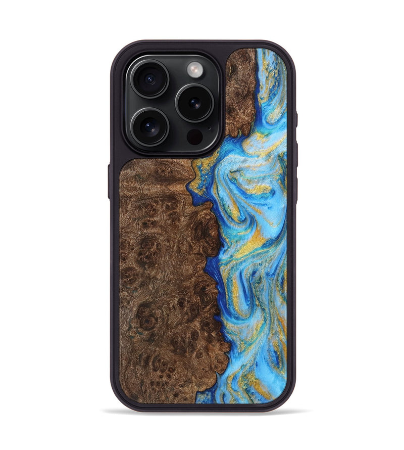 iPhone 15 Pro Wood Phone Case - Josue (Teal & Gold, 725785)