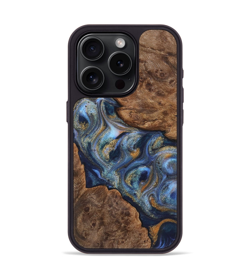 iPhone 15 Pro Wood Phone Case - Gustavo (Teal & Gold, 725787)