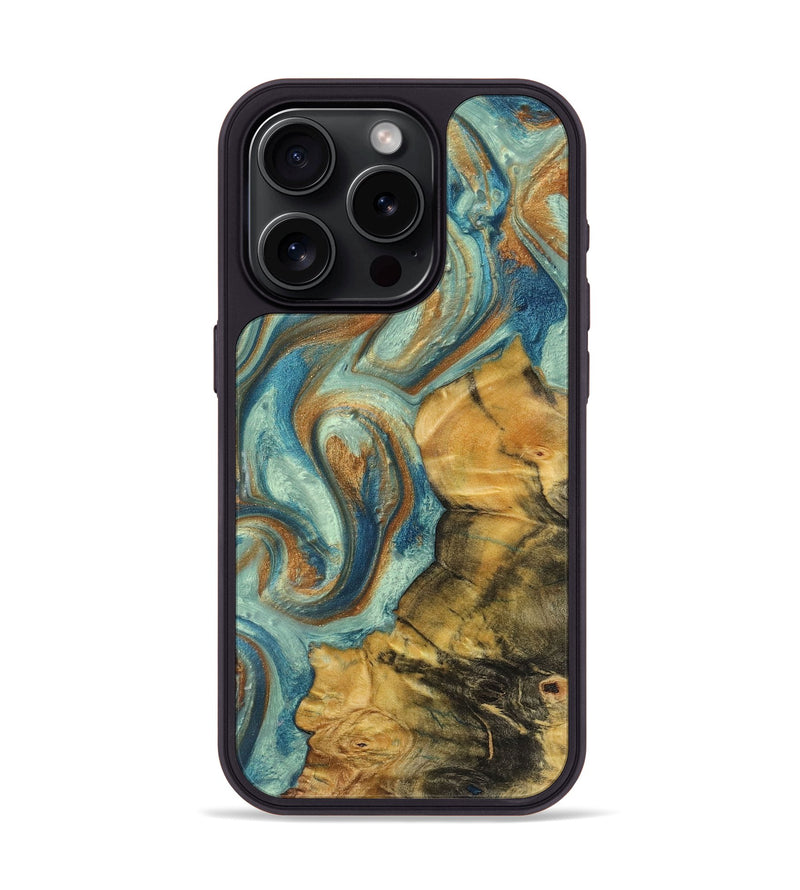 iPhone 15 Pro Wood Phone Case - Alaia (Teal & Gold, 725788)