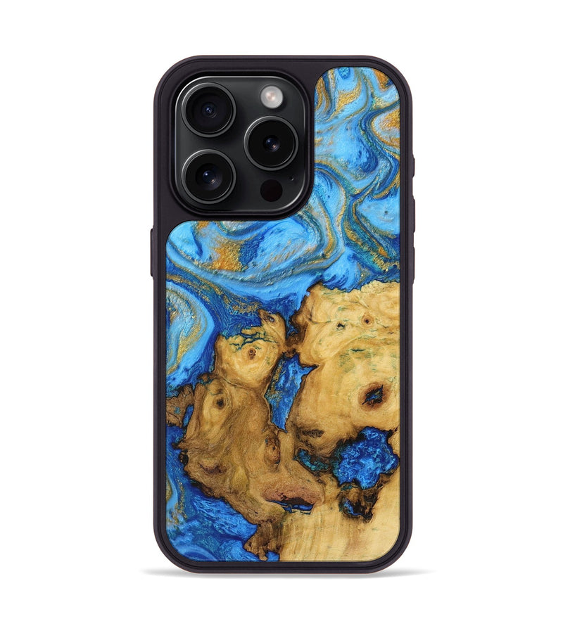 iPhone 15 Pro Wood Phone Case - River (Teal & Gold, 725789)