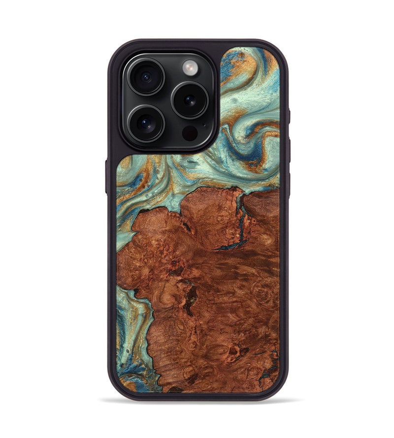 iPhone 15 Pro Wood Phone Case - Nadine (Teal & Gold, 725790)