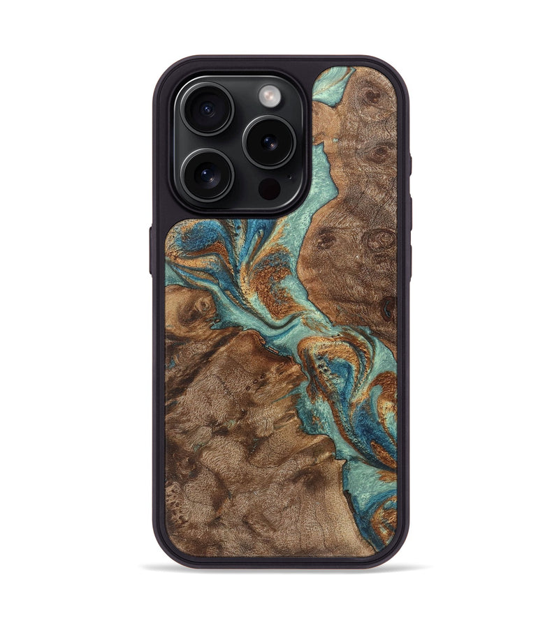 iPhone 15 Pro Wood Phone Case - Lucy (Teal & Gold, 725792)