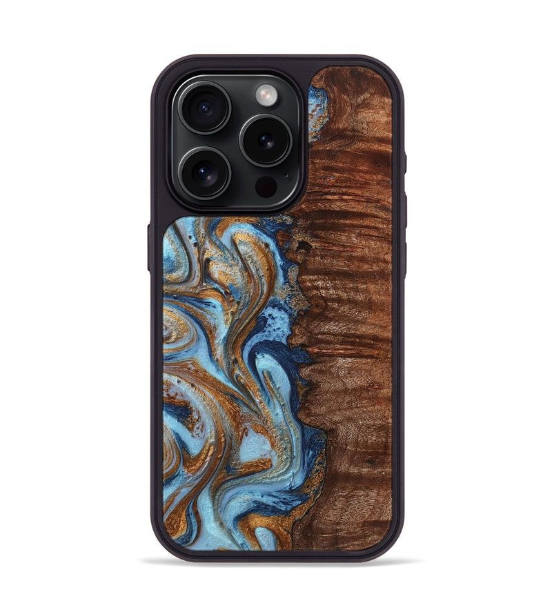 iPhone 15 Pro Wood Phone Case - Della (Teal & Gold, 725794)