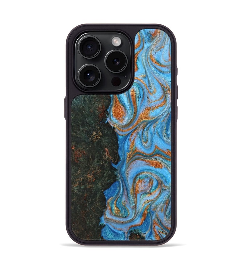 iPhone 15 Pro Wood Phone Case - Addisyn (Teal & Gold, 725797)