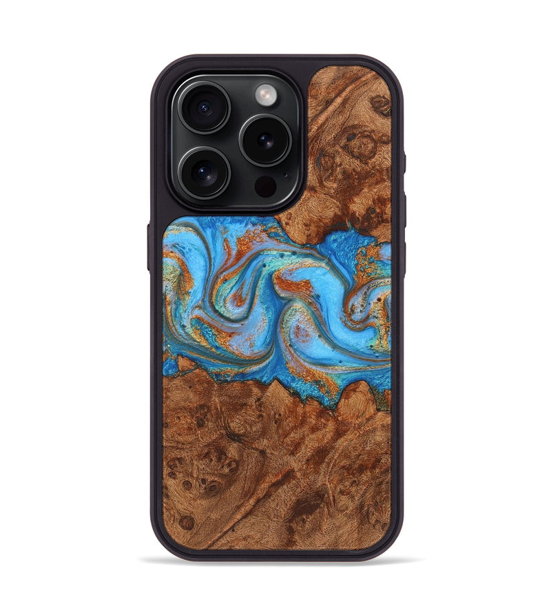 iPhone 15 Pro Wood Phone Case - June (Teal & Gold, 725799)