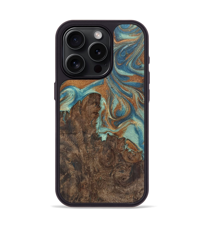 iPhone 15 Pro Wood Phone Case - Janine (Teal & Gold, 725823)