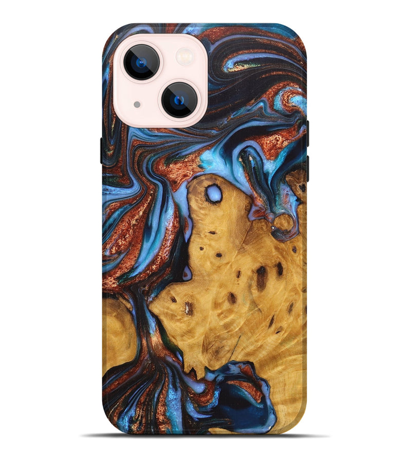 iPhone 14 Plus Wood Live Edge Phone Case - Kailey (Teal & Gold, 726621)