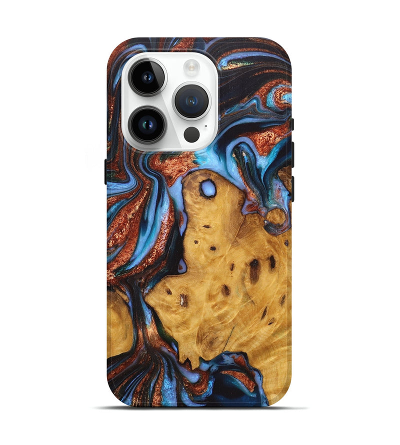 iPhone 15 Pro Wood Live Edge Phone Case - Kailey (Teal & Gold, 726621)